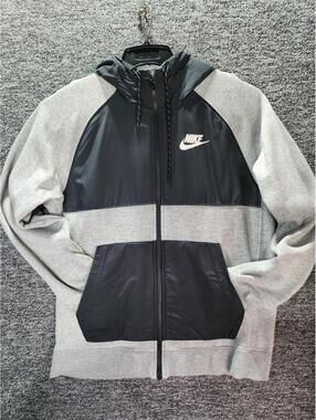 Nike Gray Black Colorblock Logo Hooded Full Zip Fleece Sweatshirt Men's M